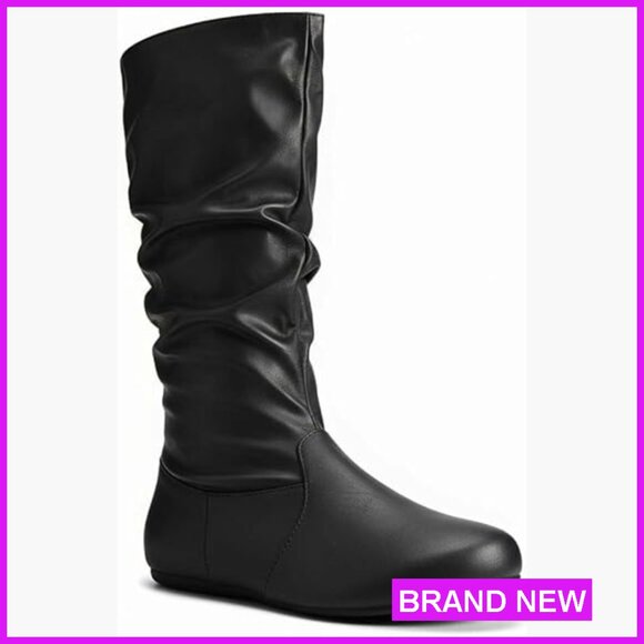 Slouchy Mid-Calf Boots Flat Heel Pull On Casual Chic Winter Everyday Wear